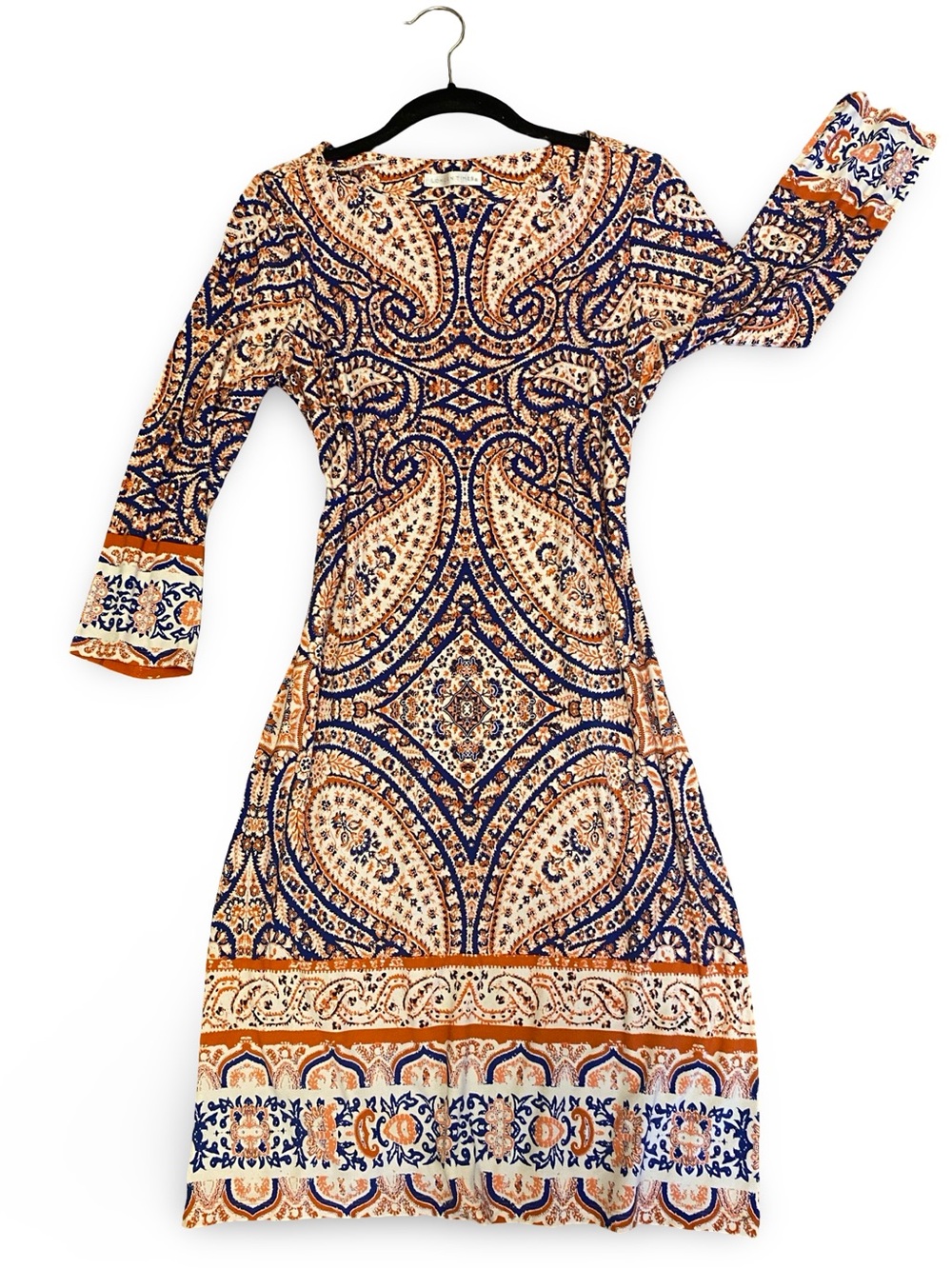 London Times Paisley-Print Long Sleeve Midi Dress in Navy & orange